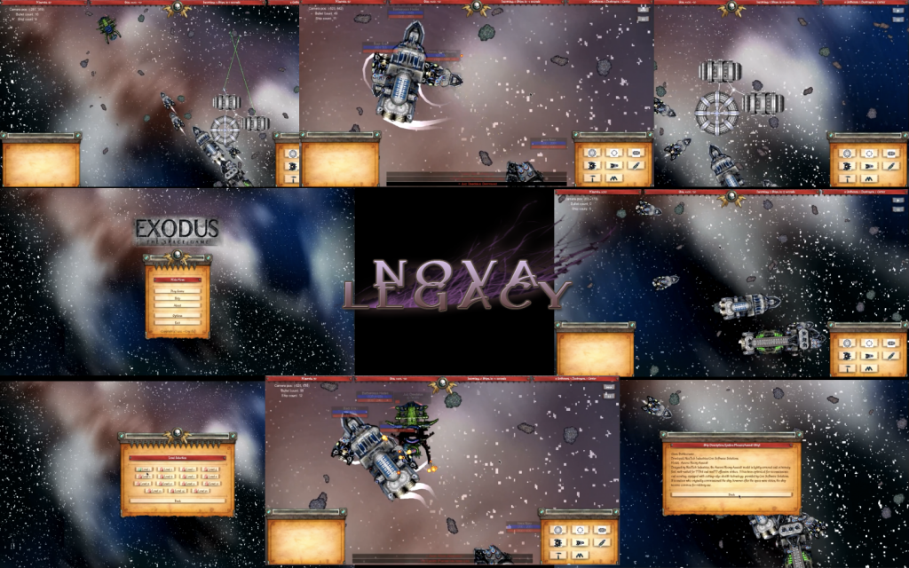 Collage of Nova Legacy gameplay, menus, ships, and combat